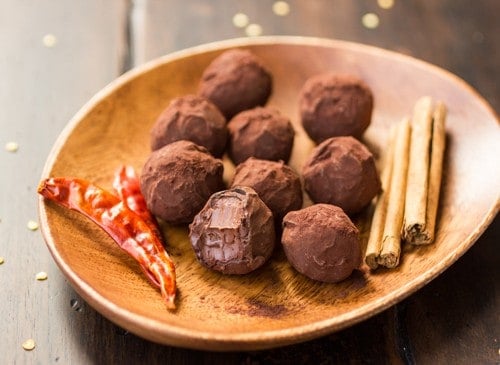 vegan chocolate chile truffles in a dish 