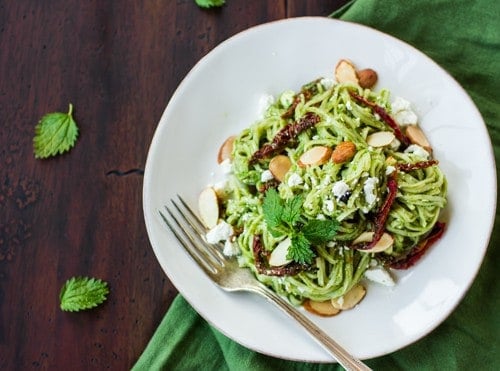 overhead shot of nettle pesto pasta 