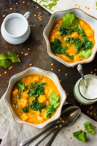 top down shot of bowls of soup 