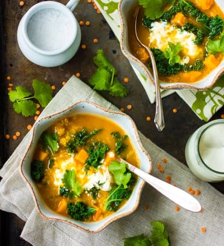 Curried Red Lentil Kale and Sweet Potato Soup