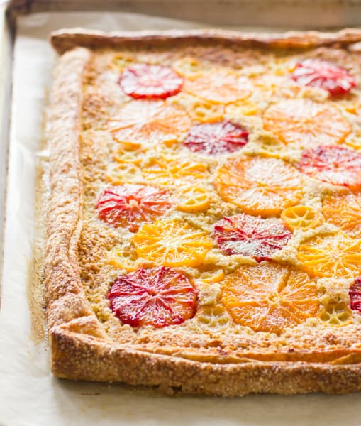 close up of rustic citrus almond tart 