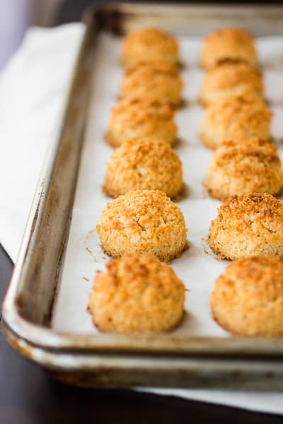 rows of Gluten Free Coconut Macaroons with Brown Butter & Almond Paste