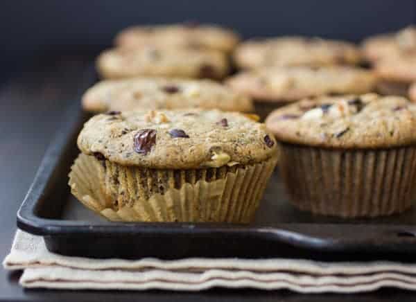 gluten free banana chocolate chip muffins on a tray 