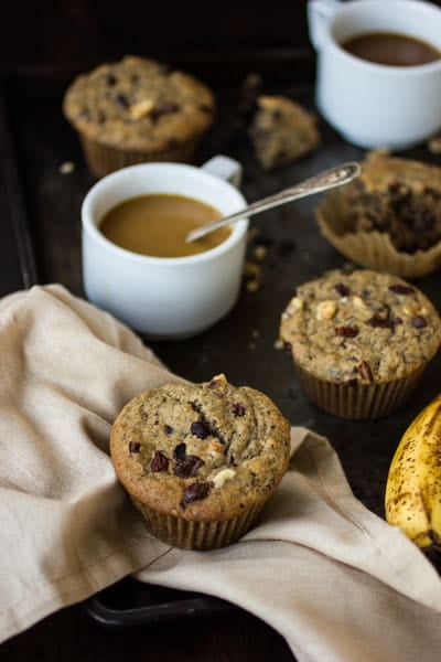 gluten free chocolate chip banana bread muffins on a table 