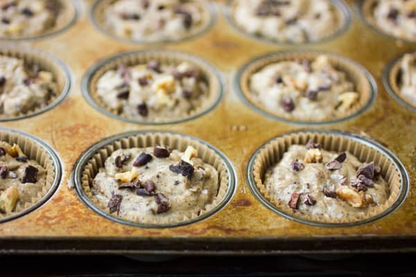 gluten free banana nut muffins recipe with chocolate pre baking 