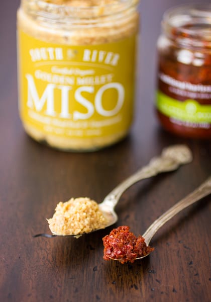 spoons of miso and harissa 