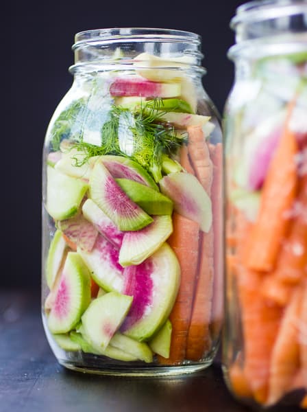 close up of jar of pickled veg 