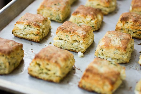 cheese and chive bisctuis on a baking tray 