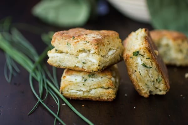 a stack of cheese and chive biscuits