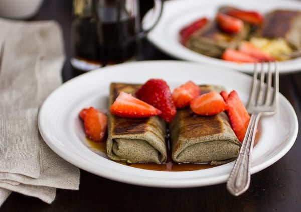 close up of buckwheat cheese blintzes 