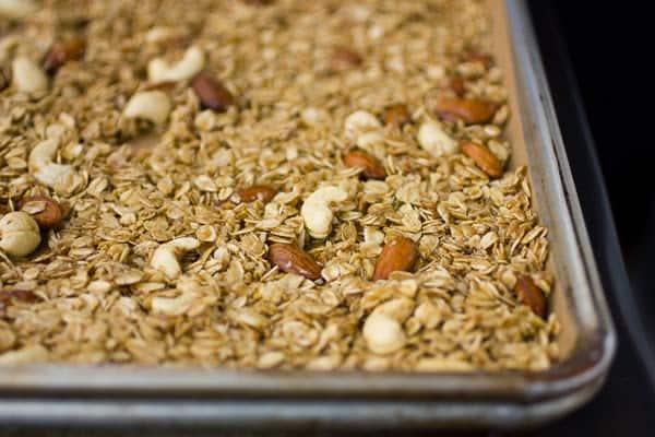 close up of granola in baking tray 