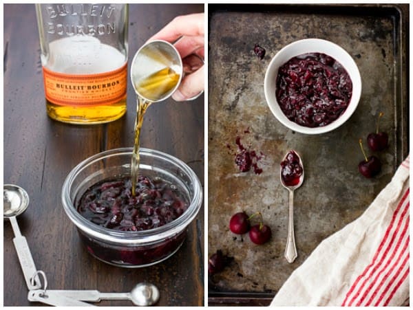 bourbon being added to bowl of cherries 