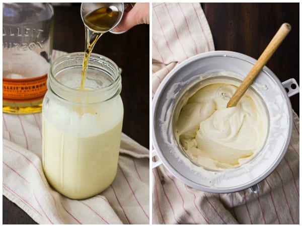 bourbon being added to ice cream mix 