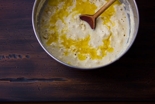 cornbread mix stirred in a pot