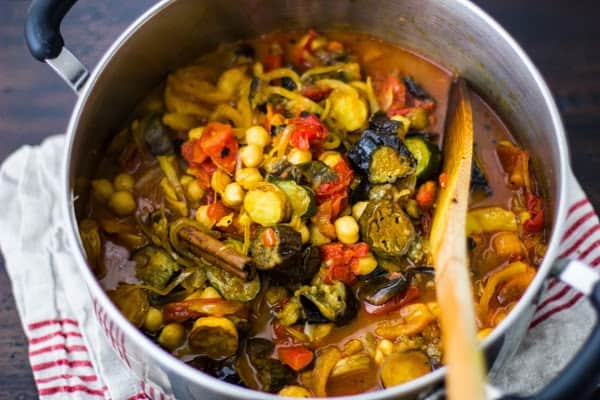 pot of Roasted Eggplant, Chickpea and Summer Vegetable Tagine