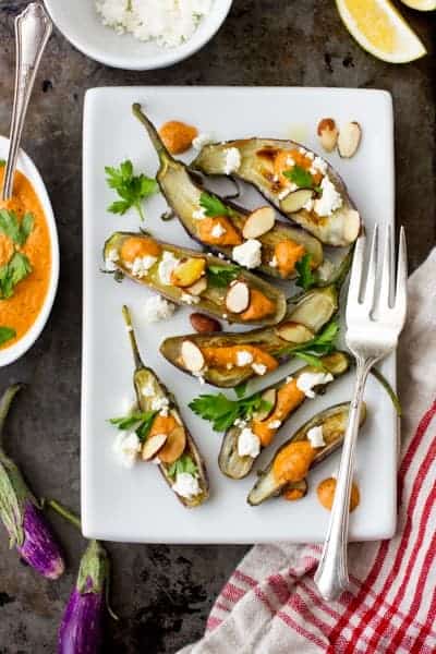 Roasted Tiny Eggplant with Muhammara and Feta