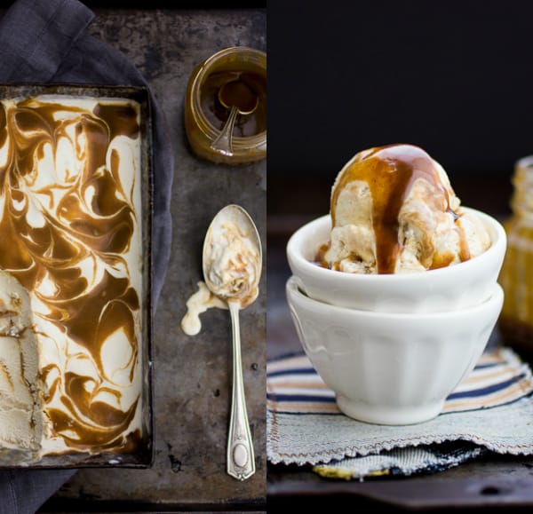 Boozy Banana Butterscotch Ice Cream in a dish and a bowl