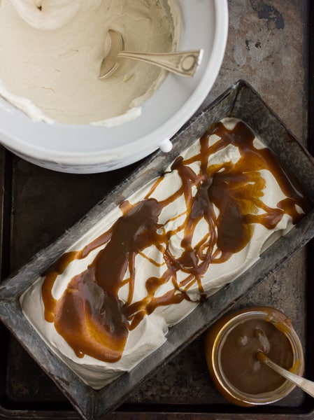 butterscotch drizzled on ice cream 