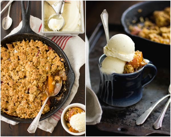 montage of peach crisp in a skillet and a mug 