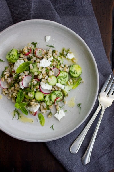 overhead shot of Farro and Cucumber Salad with Feta, Dill and Mint