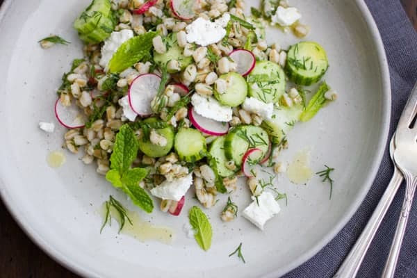 top down shot of Farro and Cucumber Salad with Feta, Dill and Mint
