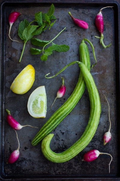 radishes and cucumbers on a tray
