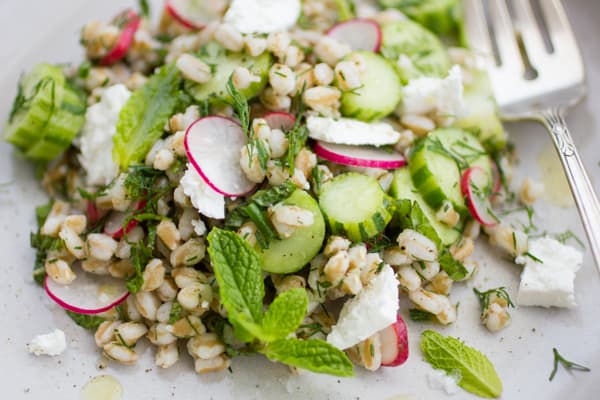 Farro and Cucumber Salad with Feta, Dill and Mint on a plate 