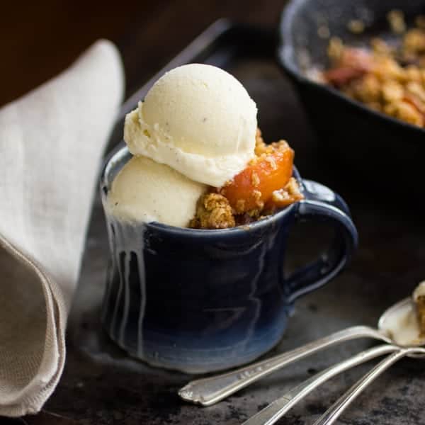 Maple Sugar, Bourbon, and Brown Butter Peach Crisp with ice cream 