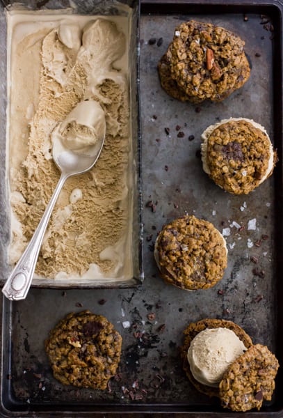 Oatmeal Chocolate Stout Ice Cream Sandwiches on a tray 