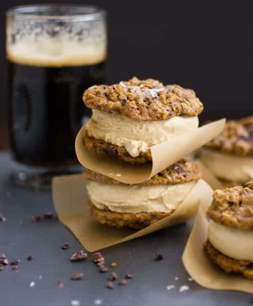 Oatmeal Chocolate Stout Ice Cream Sandwiches with a glass of stout