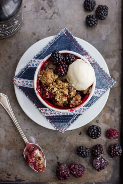 top down shot of Blackberry Balsamic Crisps with Rye-Oat Crumble 