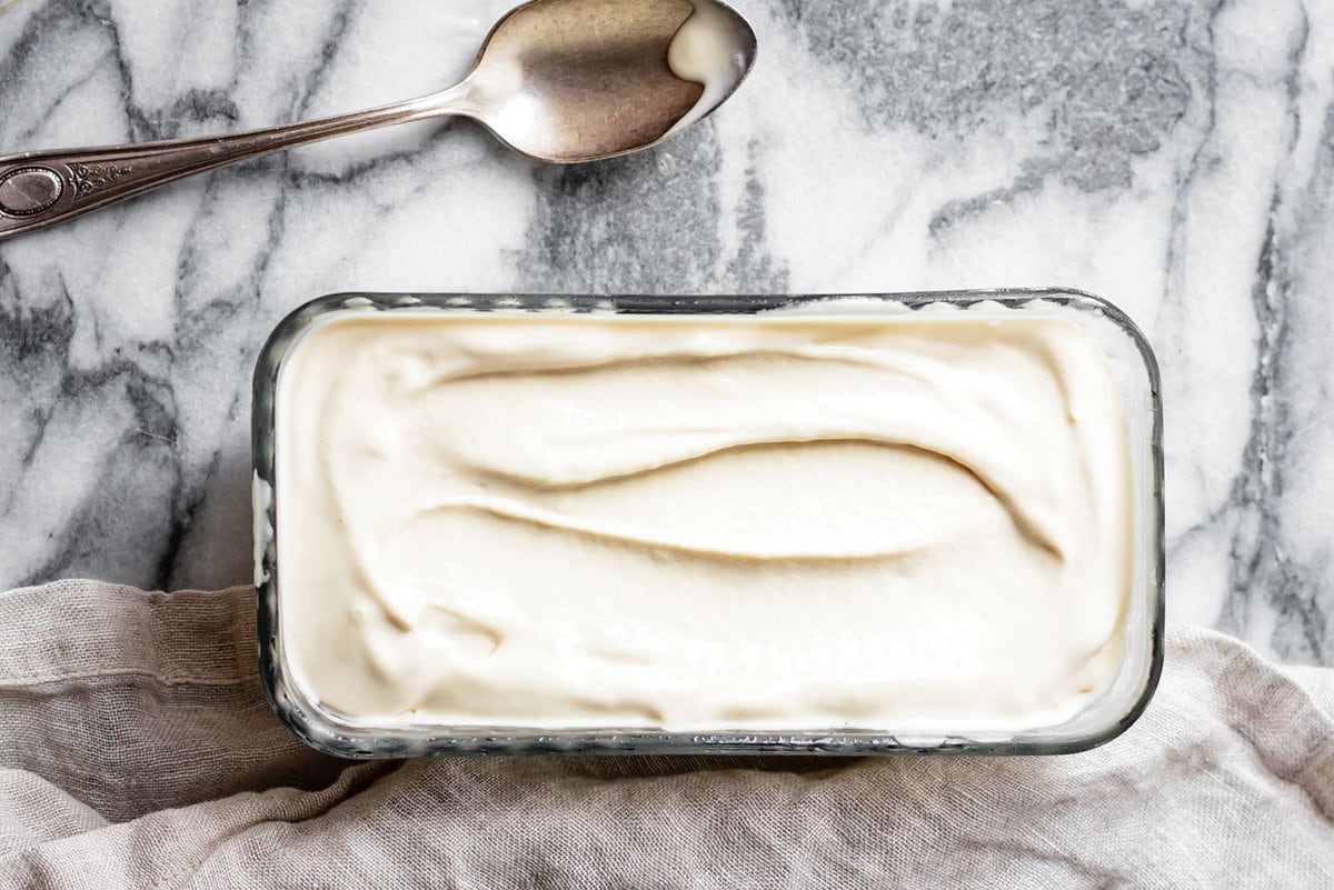 ice cream has been swirled in a glass pan