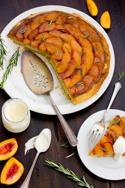 top down shot of (Gluten-Free!) Rosemary Nectarine Upside-Down Cake