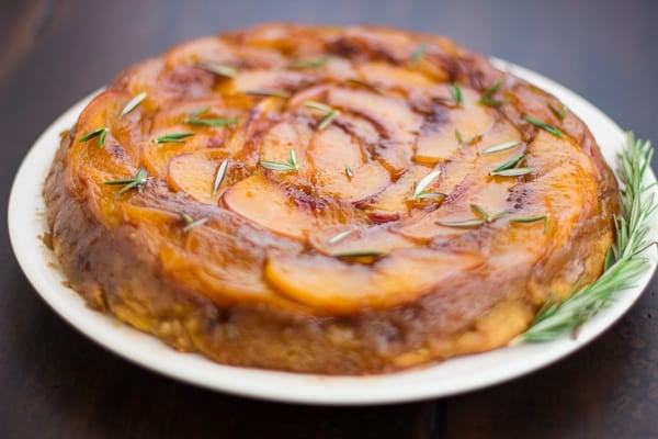 (Gluten-Free!) Rosemary Nectarine Upside-Down Cake on a plate 