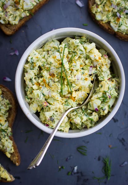 Duck Egg Salad with Curry and Dill in a bowl 
