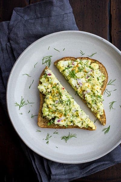 overhead shot of Duck Egg Salad with Curry and Dill on toast