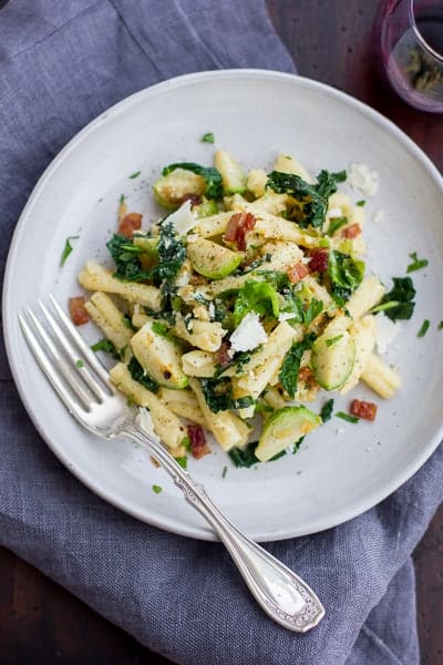 overhead shot of Pasta alla Carbonara with Kale, Brussels Sprouts, and Bacon 