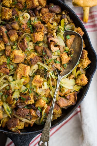 top down shot of Gluten-Free Cornbread Stuffing with Chestnuts, Leeks, and Chanterelles