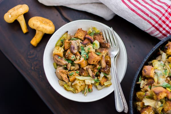 bowl of Gluten-Free Cornbread Stuffing with Chestnuts, Leeks, and Chanterelles