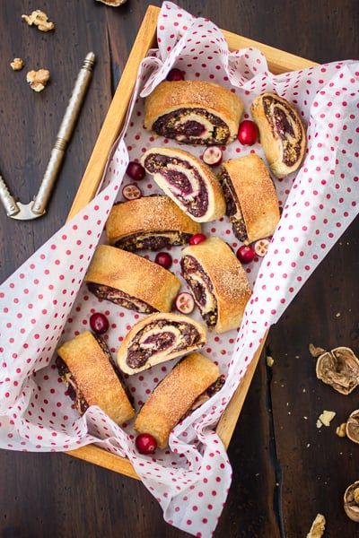 Gluten Free Rugelach with Cranberry Jam, Chocolate, and Walnuts