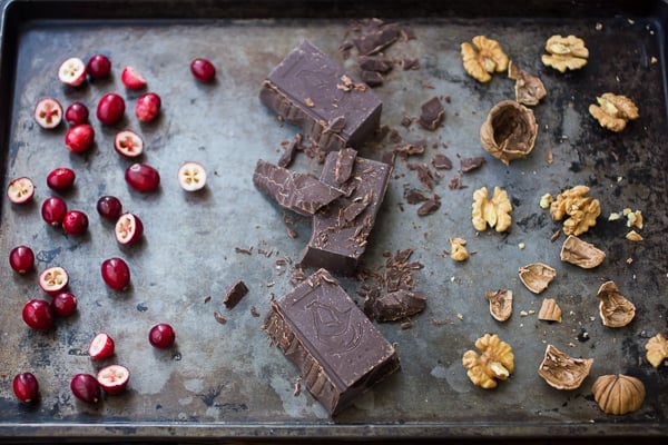 cranberries and chocolate on tray 