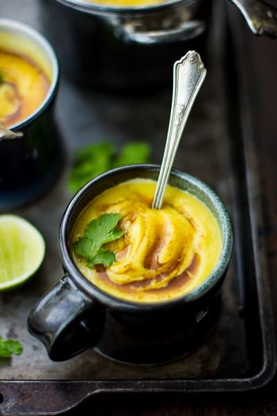 mugs of Cauliflower and Yellow Split Pea Soup with Turmeric and Curried Ghee