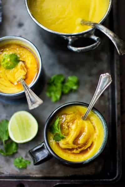 top down shot of Cauliflower and Yellow Split Pea Soup with Turmeric and Curried Ghee