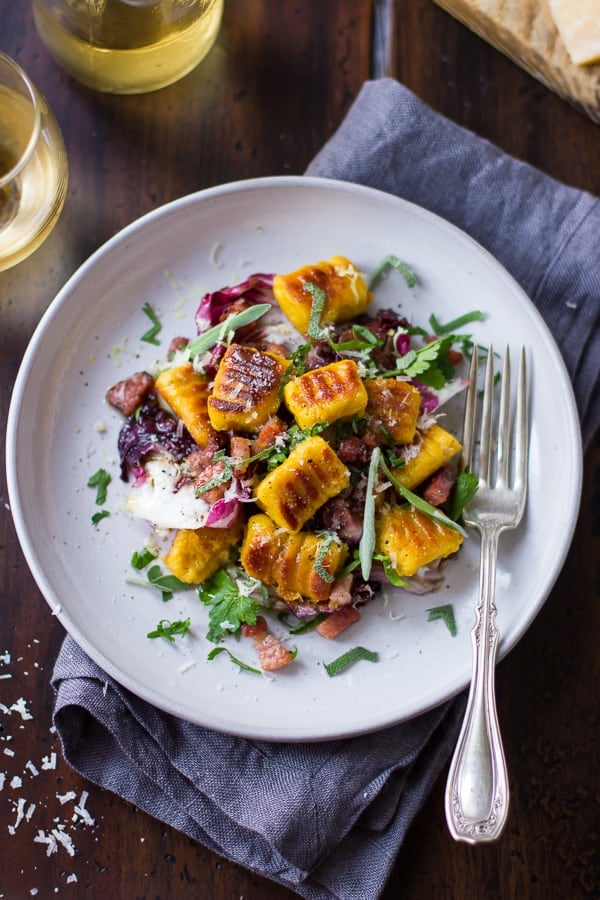 top down shot of Gluten-Free Pumpkin Ricotta Gnocchi with Pancetta and Seared Radicchio