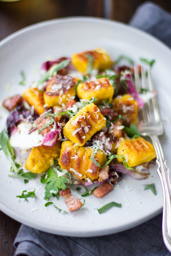 close up of Gluten-Free Pumpkin Ricotta Gnocchi with Pancetta and Seared Radicchio