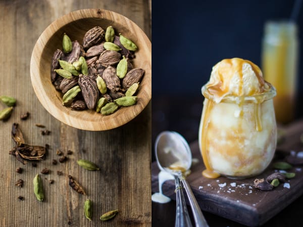 cardamom seeds and Smoked Cardamom Ice Cream with Salty Honey Caramel Swirl