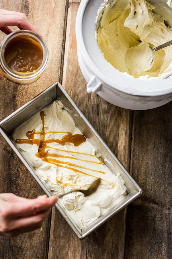 caramel swirled onto ice cream mix