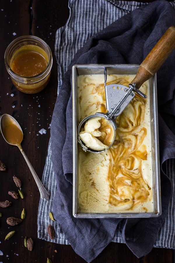 Smoked Cardamom Ice Cream with Salty Honey Caramel Swirl in a pan