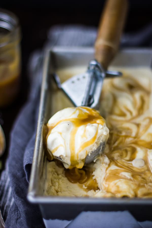 close up of Smoked Cardamom Ice Cream with Salty Honey Caramel Swirl 