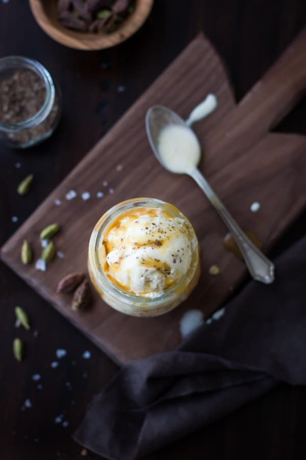 top down shot of Smoked Cardamom Ice Cream with Salty Honey Caramel Swirl